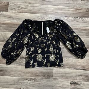 NWT Express Metallic Floral Pleated Puff Sleeve Blouse Size Medium